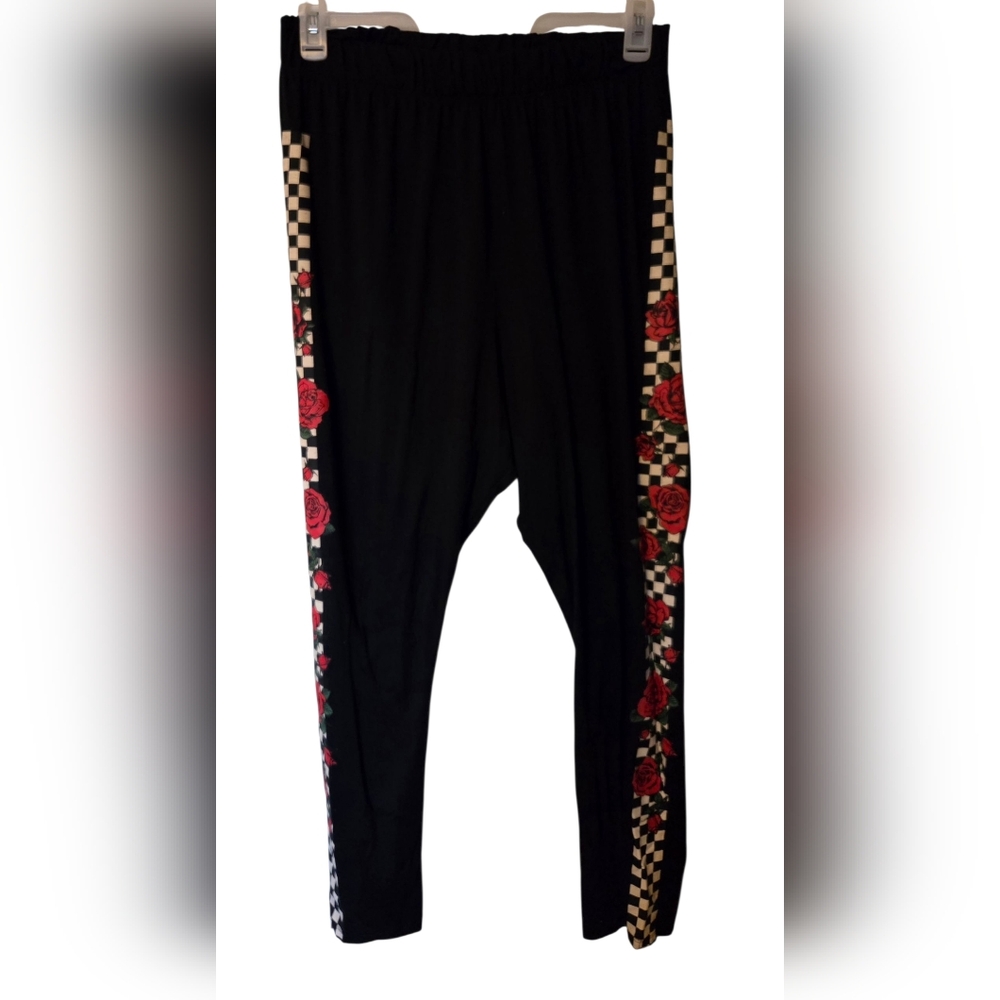 Black Leggings with Red Rose and Checkered Design